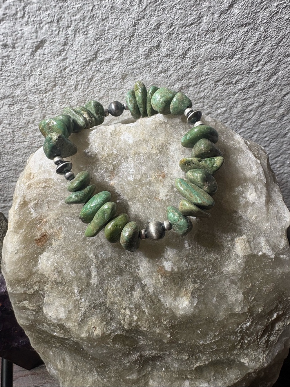 Genuine Green Turquoise and Navajo Pearl Stretchy Bracelet